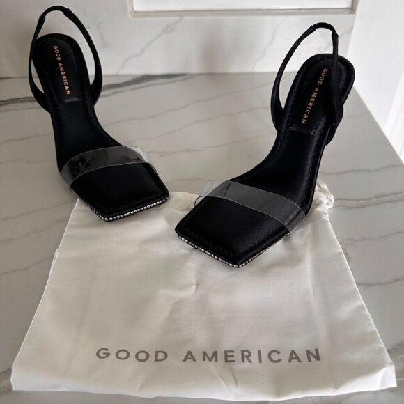 Good American Crystal Crush Lucite Satin Rhinestones Stilletto Heels SZ 9 - Picture 9 of 10